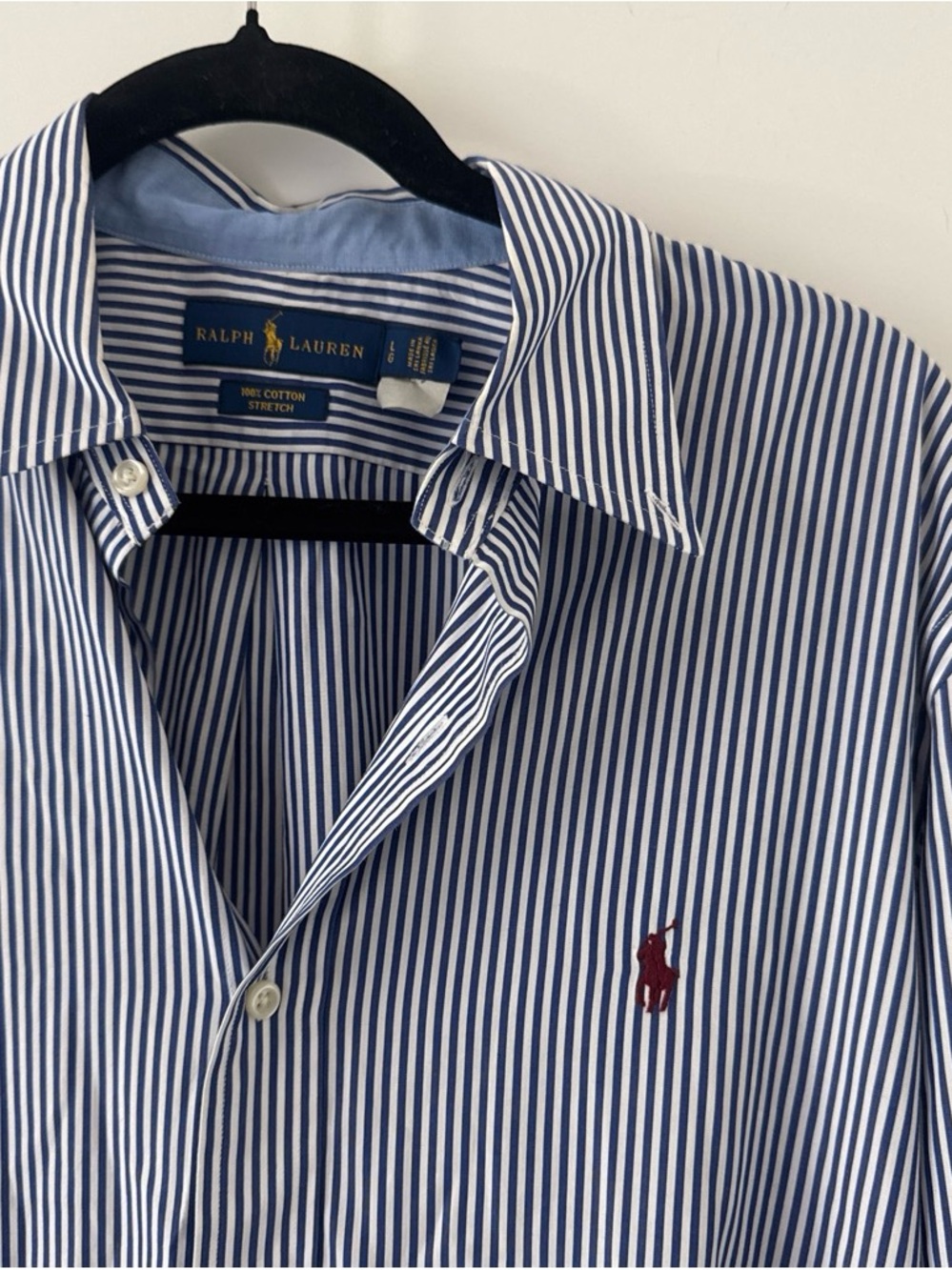 Ralph Lauren Men’s Blue and White Striped Button-Down Shirt with Red Pony